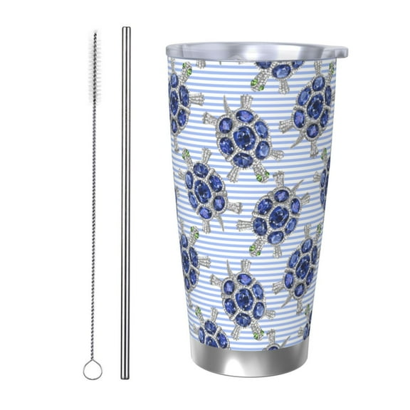 Fotbe Turtle with Blue Stones Pattern 20 oz Tumbler Stainless Steel Vacuum Insulated Coffee Ice Cup Double Wall Travel Flask Leak-proof Coffee Cup-Straw Two-piece Set