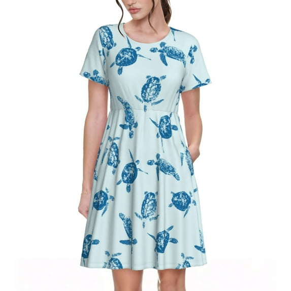 Fotbe Turtle Pattern Dress Casual Womens Fashion Short Sleeve Maxi Dress T Shirt Dress Striped Long Color Block Maxi Dress