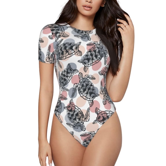Fotbe Turtle Women's Crew Neck Short Sleeves Bodysuit Tops Round Neck Slim Sleeveless Soft Comfortable Basic-Small