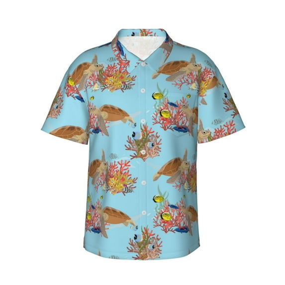 Fotbe Turtles And Corals Hawaiian Shirt for Men Unisex Summer Beach Casual Short Sleeve Cotton Linen Button Down Shirts-Medium