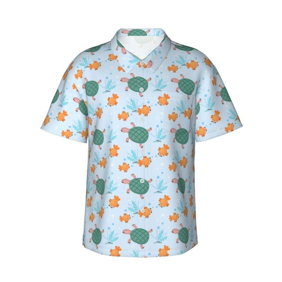 Fotbe Turtles And Goldfish Hawaiian Shirt for Men Unisex Summer Beach Casual Short Sleeve Cotton Linen Button Down Shirts-X-Large