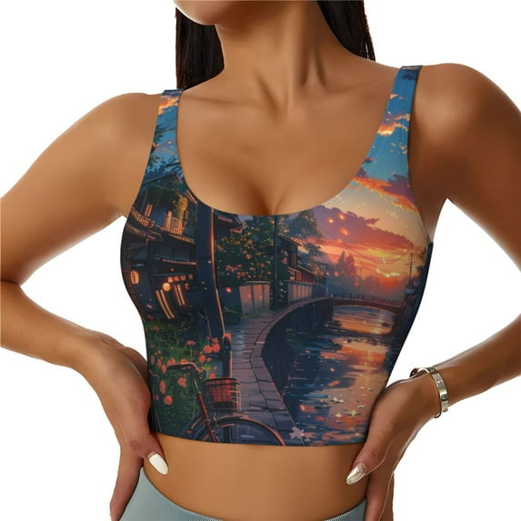 Fotbe Twilight Canal Reflection Pattern Womens' Sports Bra Longline Wirefree Padded with Medium Support Sports Moisture-Wicking Workou Vest,Tank Top-Medium
