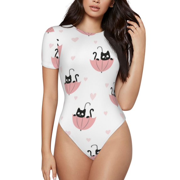 Fotbe Umbrella Cat Women's Crew Neck Short Sleeves Bodysuit Tops Round Neck Slim Sleeveless Soft Comfortable Basic-Large
