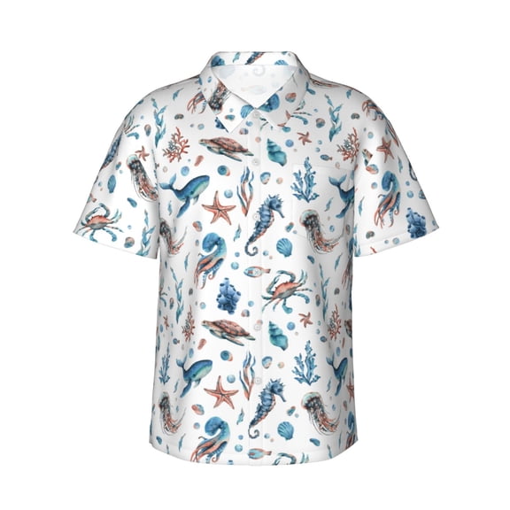 Fotbe Undersea Animals Hawaiian Shirt for Men Unisex Summer Beach Casual Short Sleeve Cotton Linen Button Down Shirts-X-Large