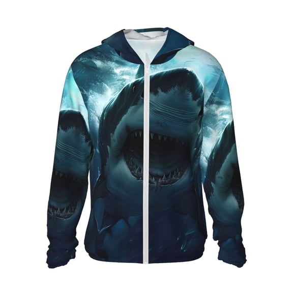 Fotbe Undersea Shark Men's Women's UPF 50  Sun Protection Jacket Hooded Cooling Shirt with Pockets Hiking Outdoor Performance-XX-Large