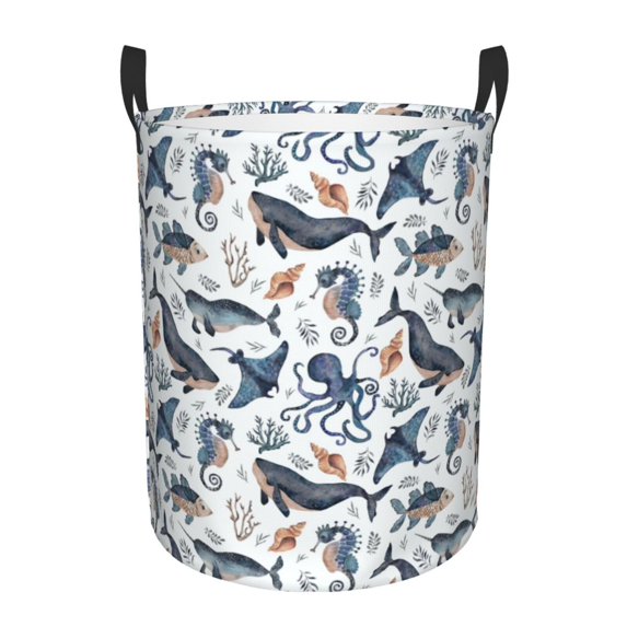 Fotbe Underwater Animals 1 Laundry Basket with Handles, Waterproof Large Laundry Hamper, Wash Bag for Corner Dorm, Rolling Laundry Basket with Handles-Small