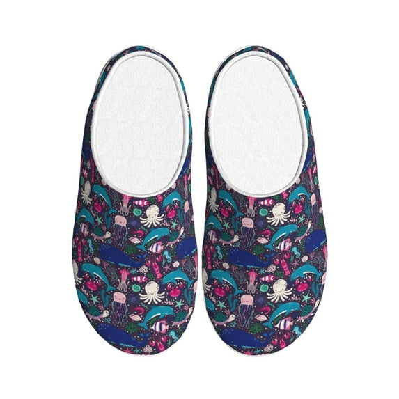 Fotbe Underwater Animals Pattern Women's Fuzzy Curly Fur Memory Foam Loafer Slippers Indoor Outdoor Slippers Winter Home Shoes-44/45