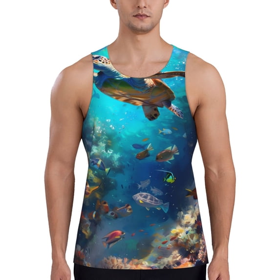 Fotbe Underwater Fish Turtle Pattern Men's Quick Dry Workout Tank Top Gym Muscle Tee Fitness Bodybuilding Sleeveless T Shirt Breathable Workout Shirt-3X-Large