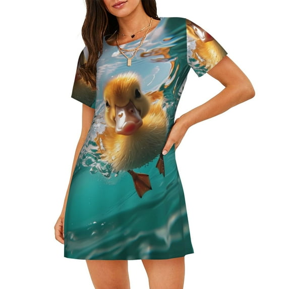 Fotbe Underwater Swimming Duck Pattern Women's Cotton Nightgown Sleepwear Short Sleeves Shirt Casual Print Sleepdress