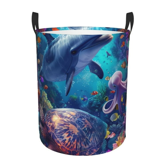 Fotbe Underwater Turtle Dolphin Octopus Laundry Basket with Handles, Waterproof Large Laundry Hamper, Wash Bag for Corner Dorm, Rolling Laundry Basket with Handles-Small
