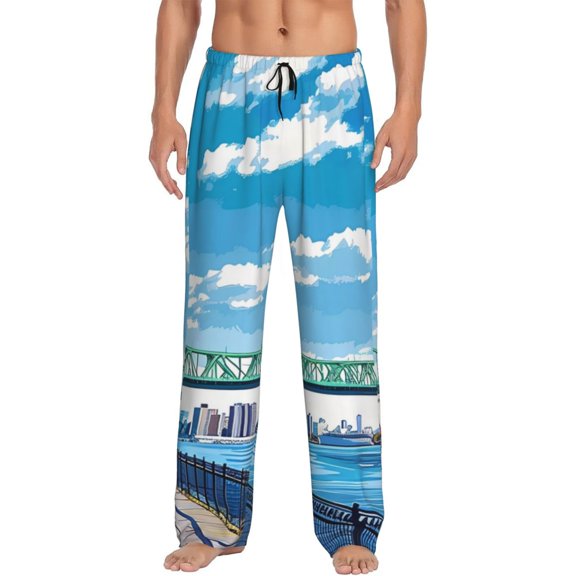 Fotbe Urban Riverside Clock Tower Men's Pajama Pants,Sleepwear Pants,Pj Bottoms Drawstring And Pockets-Large