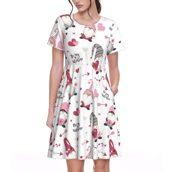 Fotbe Valentine's Day gnomes Pattern Dress Casual Womens Fashion Short Sleeve Maxi Dress T Shirt Dress Striped Long Color Block Maxi Dress