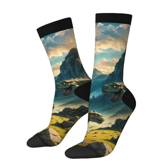 Fotbe Valley River Dinosaur Pattern Long Socks for Men & Women – Breathable & Stretchy Compression Socks, Ideal for Running, Travel, and Everyday Wear Size 5-11