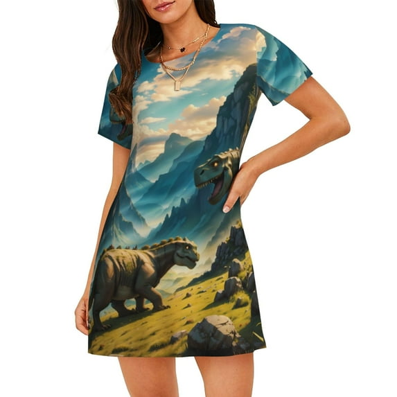 Fotbe Valley River Dinosaur Pattern Women's Cotton Nightgown Sleepwear Short Sleeves Shirt Casual Print Sleepdress