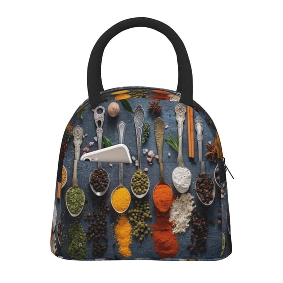 Fotbe Various Herbs And Spices In Spoons Pattern Lunch Bag, Insulated Lunch Box, Small Leakproof Cooler Food Lunch Containers Reusable High Capacity Lunch Tote Bags for Work, Travel, Outdoor