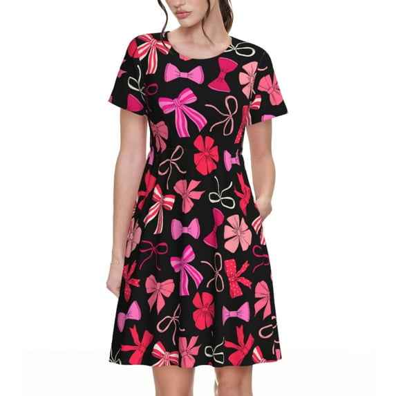 Fotbe Various pink and red Bow knots Pattern Dress Casual Womens Fashion Short Sleeve Maxi Dress T Shirt Dress Striped Long Color Block Maxi Dress