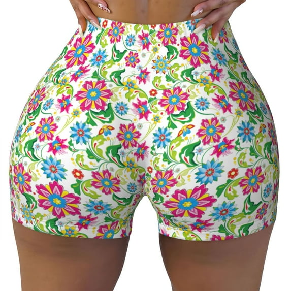 Fotbe Vector Mexican Otomi Style Bright Seamless Shorts, Womens Workout Shorts High Waist Stretch Booty Short for Gym/Yoga/Running/Biking-Small