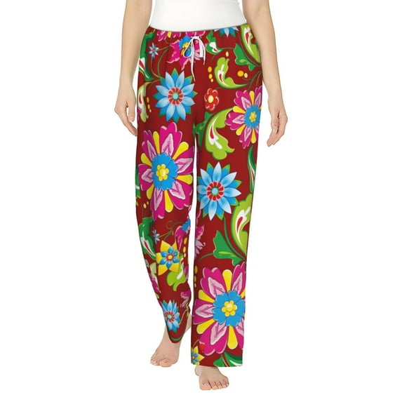 Fotbe Vector Mexican Otomi Style Bright Women's Pajama Pants,Sleepwear Pants,Pj Bottoms Drawstring And Pockets-Medium