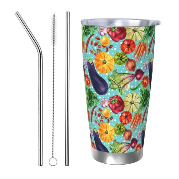 Fotbe Vegetable (2) Pattern 20 oz Tumbler Stainless Steel Vacuum Insulated Coffee Ice Cup Double Wall Travel Flask Leak-proof Coffee Cup-Straw Three-piece Set