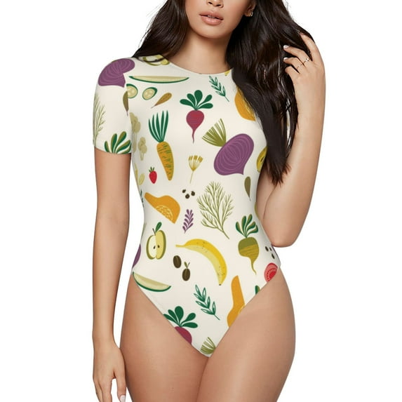 Fotbe Vegetable Women's Crew Neck Short Sleeves Bodysuit Tops Round Neck Slim Sleeveless Soft Comfortable Basic-X-Large