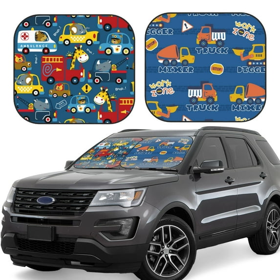 Fotbe Vehicles Cartoon with Funny Drivers 2-Piece Car Windshield Sun Shade | Sun Blocker for Car Windshield | Foldable Automotive Interior Accessories for Sun Protection-Medium