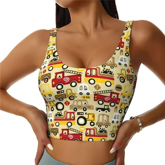 Fotbe Vehicles Pattern Womens' Sports Bra Longline Wirefree Padded with Medium Support Sports Moisture-Wicking Workou Vest,Tank Top-Small