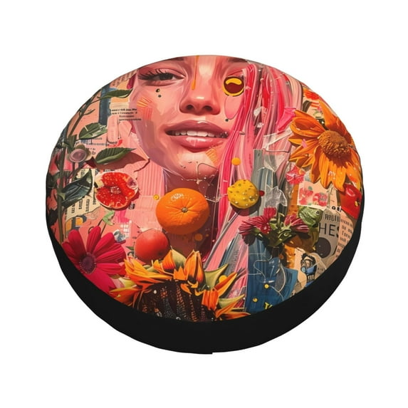 Fotbe Vibrant Floral Collage Portrait Spare Tire Cover Thickening Universal Fit for Jeep, Trailer, RV, SUV, Truck, Tough Tire Wheel Soft Cover-16 inch