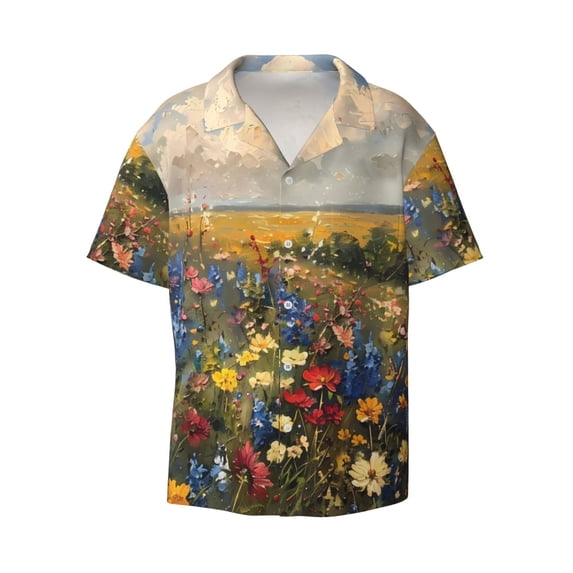 Fotbe Vibrant Wildflower Meadow print Short Sleeve Button Down Shirts for Men Casual Summer Beach Wrinkle Free Shirt-XX-Large
