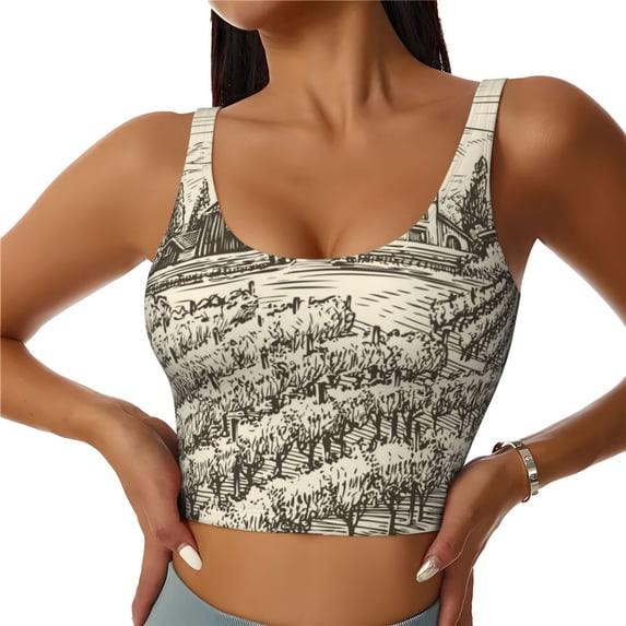 Fotbe Vineyard Landscape Pattern Womens' Sports Bra Longline Wirefree Padded with Medium Support Sports Moisture-Wicking Workou Vest,Tank Top-X-Large