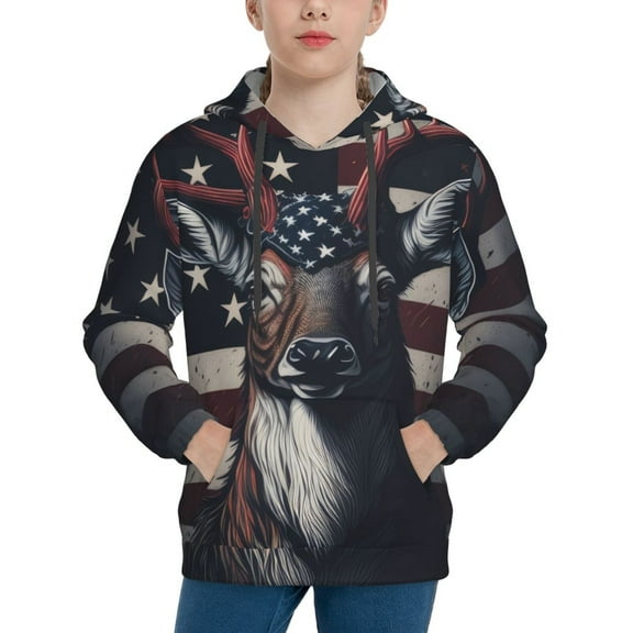 Fotbe Vintage American Deer Pattern Youth Pullover Hooded Sweatshirt, Boys Hoodie, Kangaroo Pocket Hoodie for Kids Girls -Large