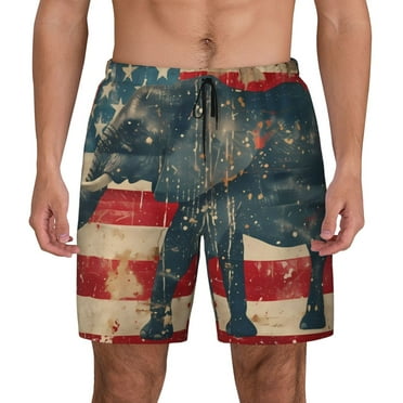 Fotbe Vintage American Flag Elephant Men’s Swim Trunks Quick Dry Swim Shorts Board Shorts with Mesh Lining-Medium