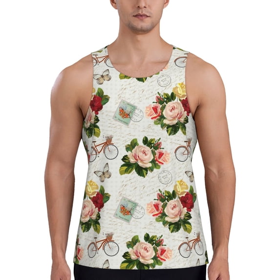 Fotbe Vintage Bike Flower Butterfly Pattern Men's Quick Dry Workout Tank Top Gym Muscle Tee Fitness Bodybuilding Sleeveless T Shirt Breathable Workout Shirt-Large