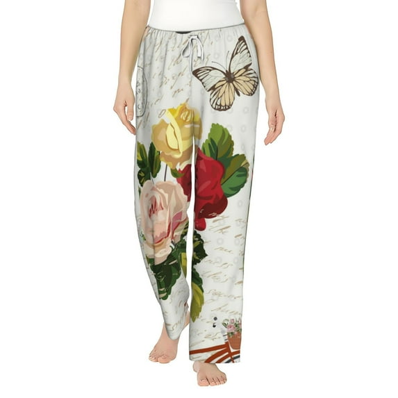 Fotbe Vintage Bike Flower Butterfly Women's Pajama Pants,Sleepwear Pants,Pj Bottoms Drawstring And Pockets-Small