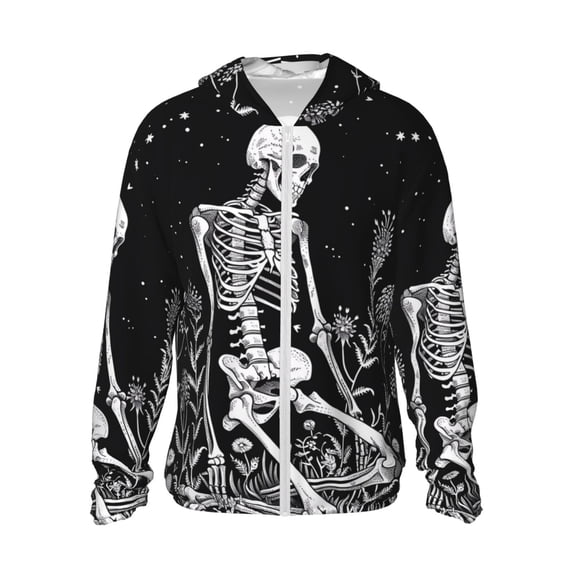 Fotbe Vintage Black white Plant skull Men's Women's UPF 50+ Sun Protection Jacket Hooded Cooling Shirt with Pockets Hiking Outdoor Performance-Small