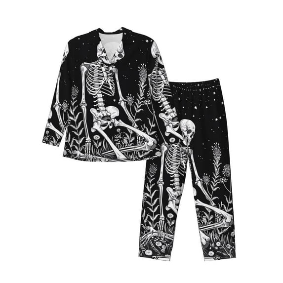 Fotbe Vintage Black white Plant skull Pattern Long Sleeve Pajama Set for Men,Sleepwear Set,2-piece Loungewear Set,Soft PJs Comfy Nightwear with Pockets-XX-Large