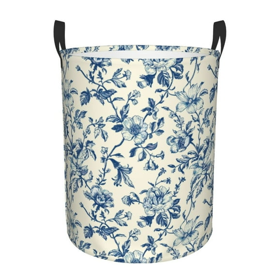Fotbe Vintage Blue Floral Pattern Laundry Basket with Handles, Waterproof Large Laundry Hamper, Wash Bag for Corner Dorm, Rolling Laundry Basket with Handles-Small