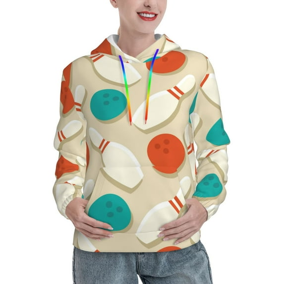 Fotbe Vintage Bowling Pattern Womens Long Sleeve Hoodie, Pullover Hooded Sweatshirt, Kangaroo Pocket Hoodie with Eye-catching Drawstrings-X-Large