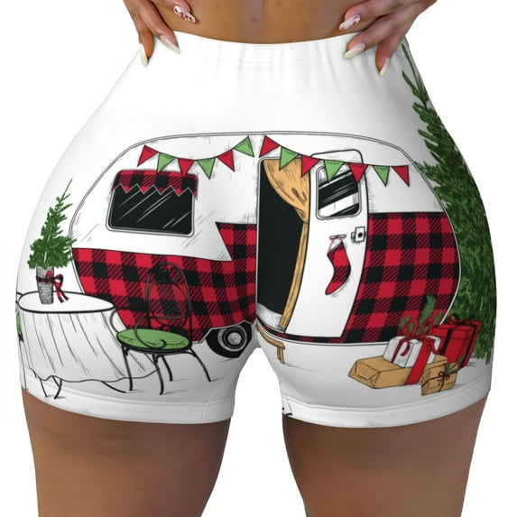 Fotbe Vintage Buffalo Plaid Christmas Camper Seamless Shorts, Womens Workout Shorts High Waist Stretch Booty Short for Gym/Yoga/Running/Biking-Medium