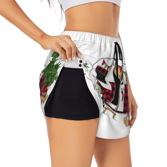 Fotbe Vintage Buffalo Plaid Christmas Camper Womens High Waist Running Shorts Athletic Workout Quick Dry Shorts for Women with Pockets Gym Yoga Summer Shorts-