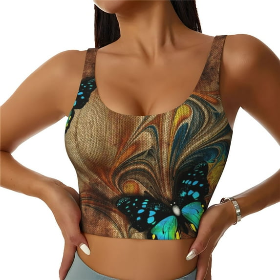 Fotbe Vintage Butterfly Green Pattern Womens' Sports Bra Longline Wirefree Padded with Medium Support Sports Moisture-Wicking Workou Vest,Tank Top-