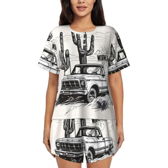 Fotbe Vintage Cactus Pickup Print Pajama Set for Women 2 Piece Loungewear Short Sleeve Tops and Shorts Set Soft Sleepwear-Medium