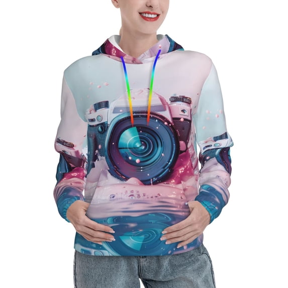 Fotbe Vintage Camera Splash Art Pattern Womens Long Sleeve Hoodie, Pullover Hooded Sweatshirt, Kangaroo Pocket Hoodie with Eye-catching Drawstrings-Medium