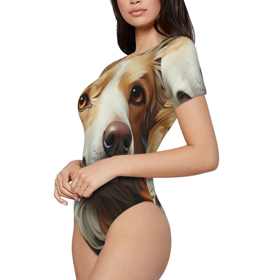 Fotbe Vintage Colorful Flower Puppy Women's Crew Neck Short Sleeves Bodysuit Tops Round Neck Slim Sleeveless Soft Comfortable Basic-XX-Large