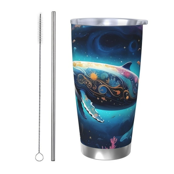 Fotbe Vintage Colorful Patterned Dolphin Pattern 20 oz Tumbler Stainless Steel Vacuum Insulated Coffee Ice Cup Double Wall Travel Flask Leak-proof Coffee Cup-Straw Two-piece Set