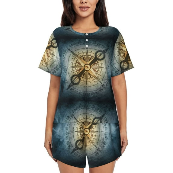 Fotbe Vintage Compass Print Pajama Set for Women 2 Piece Loungewear Short Sleeve Tops and Shorts Set Soft Sleepwear-4X-Large