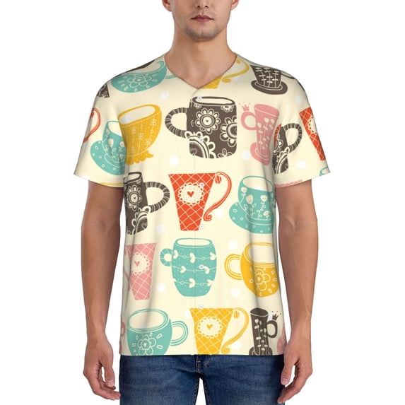 Fotbe Vintage Cup Baseball Jersey Shirt for Men and Women, Casual Short Sleeves Button Down T-Shirt-X-Large