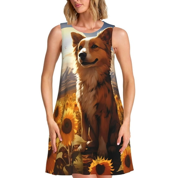 Fotbe Vintage Cute Corgi Sunflower Pattern Women’s Summer Tank Midi Dress – Sleeveless A-Line Dress, Floral T-Shirt Dress, Casual Flowing Beach Sundress