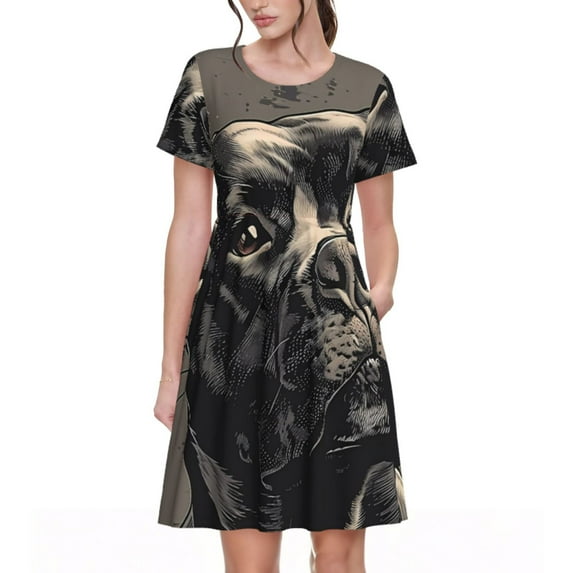 Fotbe Vintage Dog Illustration Pattern Dress Casual Womens Fashion Short Sleeve Maxi Dress T Shirt Dress Striped Long Color Block Maxi Dress