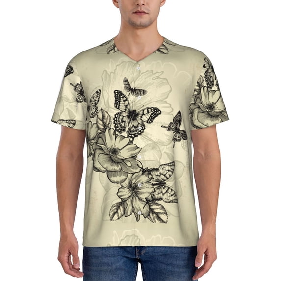 Fotbe Vintage Floral Baseball Jersey Shirt for Men and Women, Casual Short Sleeves Button Down T-Shirt-Medium