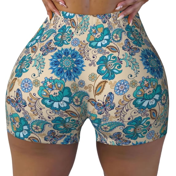 Fotbe Vintage Floral Butterflies Seamless Shorts, Womens Workout Shorts High Waist Stretch Booty Short for Gym/Yoga/Running/Biking-Small